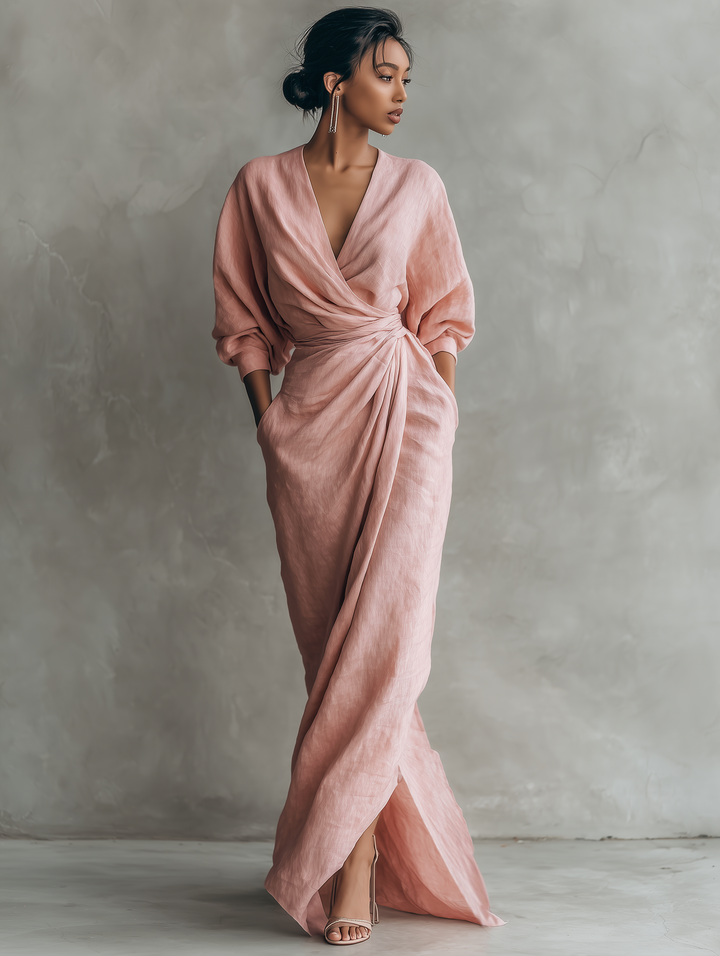 Gabriella | Abito lungo minimalista rosa con scollo a V
