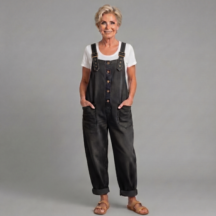 Stefania | Salopette in denim di cotone con lavaggio vintage
