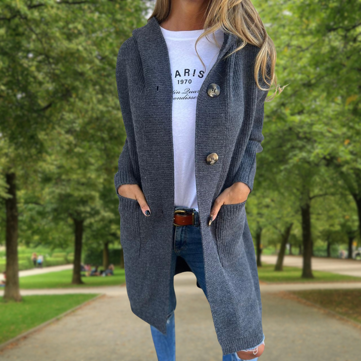 Élodie | Gilet lungo con cappuccio e bottoni grandi