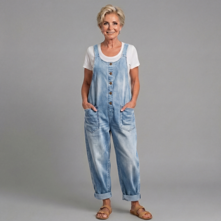 Stefania | Salopette in denim di cotone con lavaggio vintage