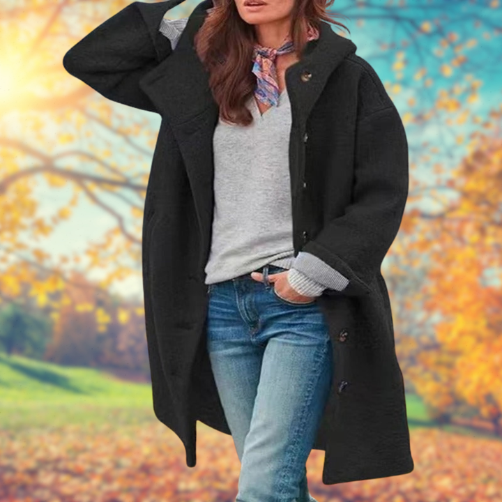 Françoise | Cappotto lungo con cappuccio da donna e chiusura frontale a bottoni