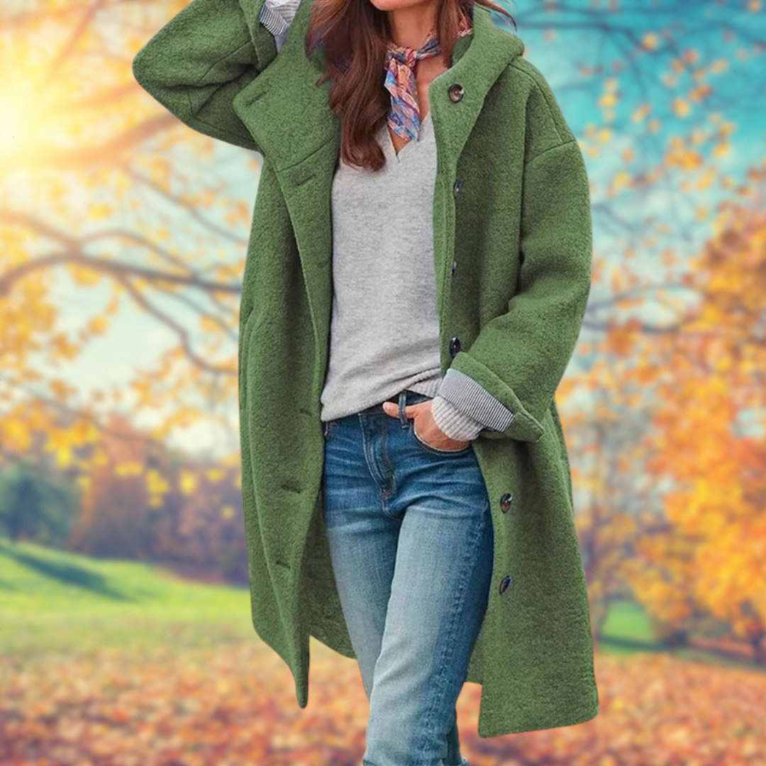 Françoise | Cappotto lungo con cappuccio da donna e chiusura frontale a bottoni