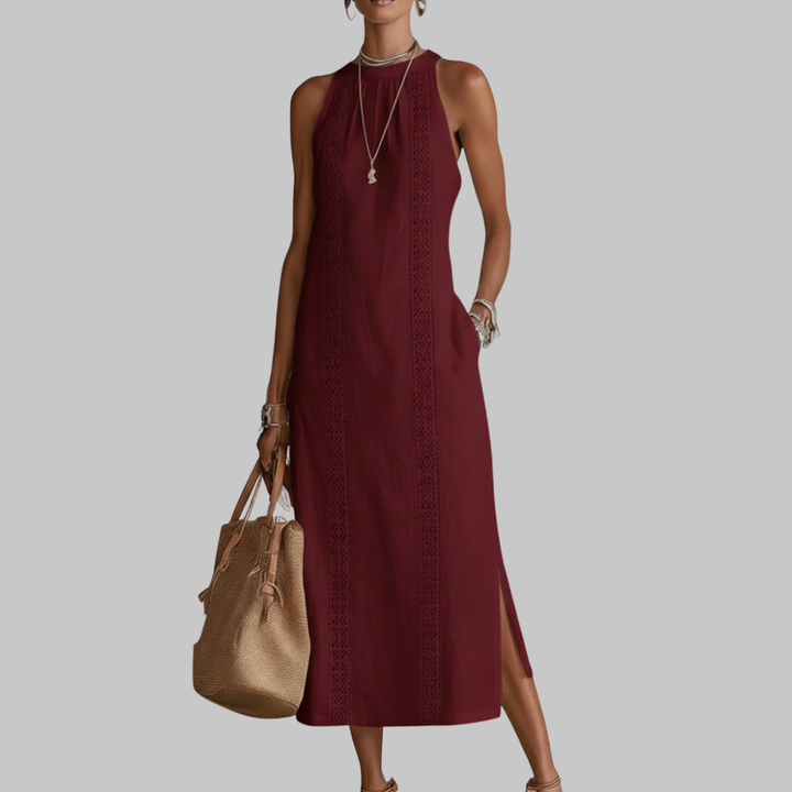 Jimena | Abito midi rilassato con colletto mandarino ricamato