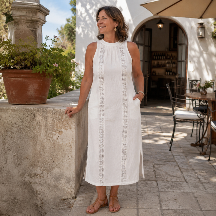 Jimena | Abito midi rilassato con colletto mandarino ricamato