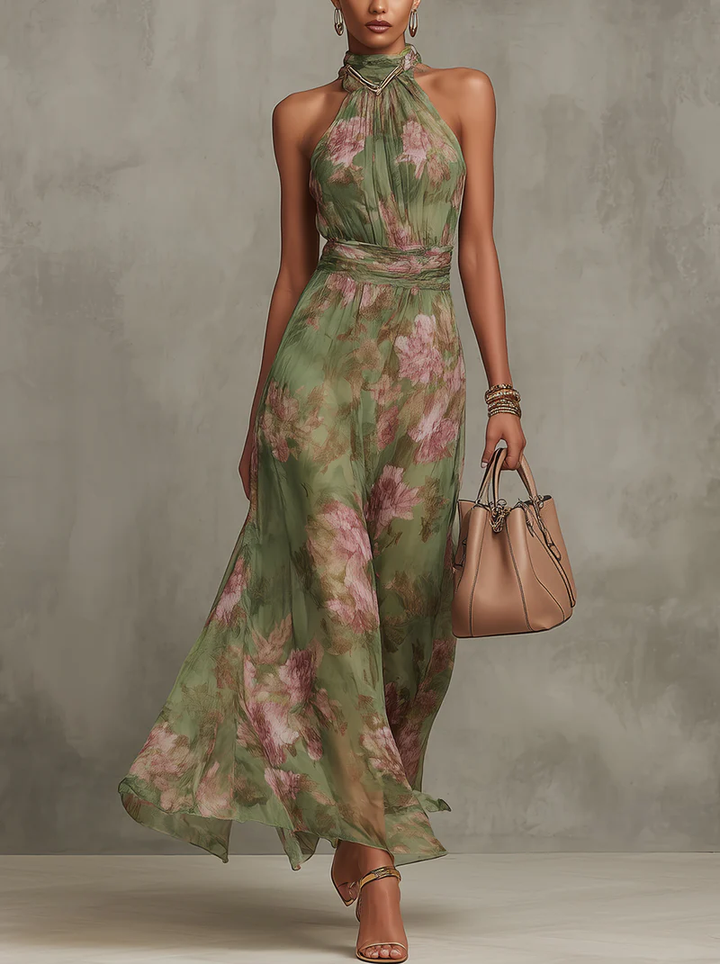 Serena | Abito lungo verde con stampa floreale e scollo all'americana
