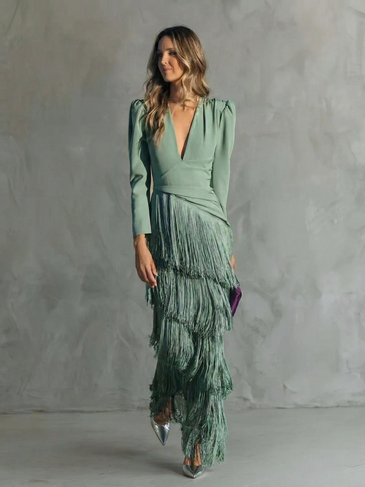 Alessia | Elegante abito midi con maniche a frange