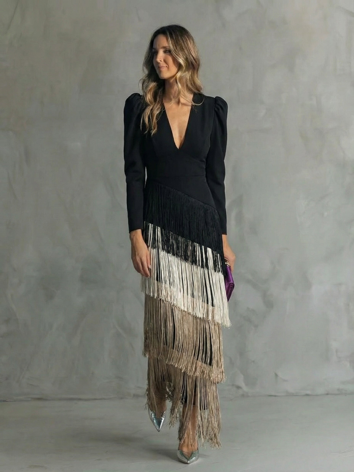 Alessia | Elegante abito midi con maniche a frange