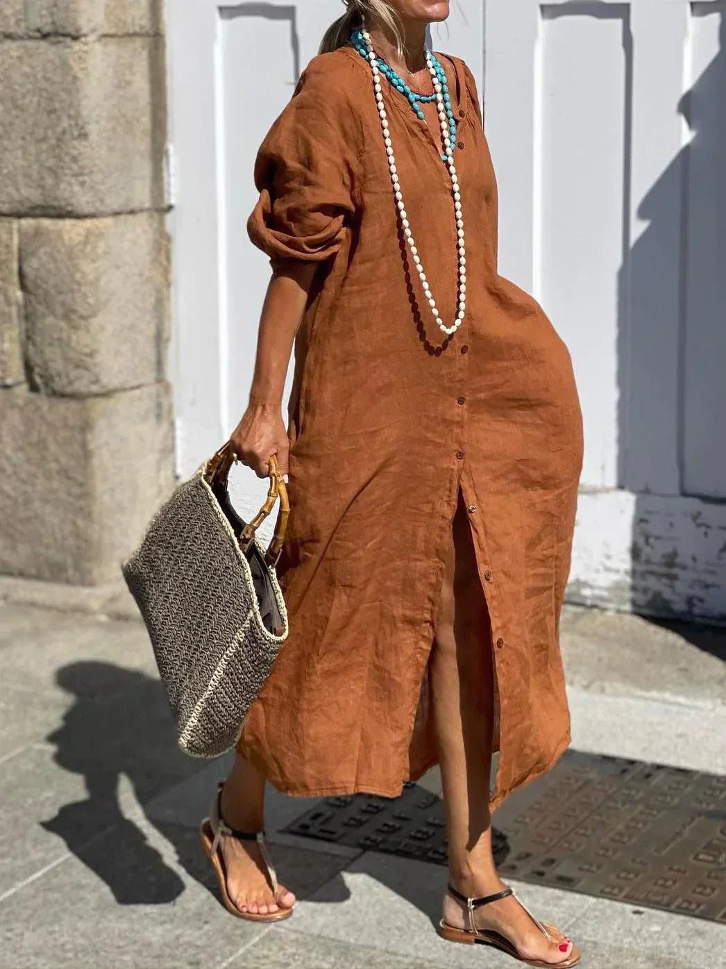 Nina | Vestito lungo in lino con bottoni